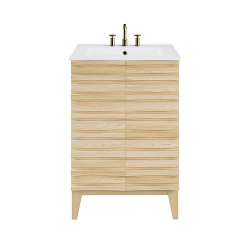 Image of Swiss Madison Cascade 24 in. Natural Oak Bathroom Vanity with White, 3-Hole Ceramic Sink Top