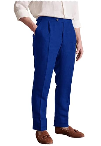 Men's Casual Linen Suit Pants Loose Straight-Legs Summer Lightweight Beach Long Trousers