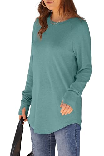 Image of XIEERDUO Womens Tunic Tops to Wear with Leggings Long Sleeve Thumb Hole Shirts Crew Neck Curved Hem