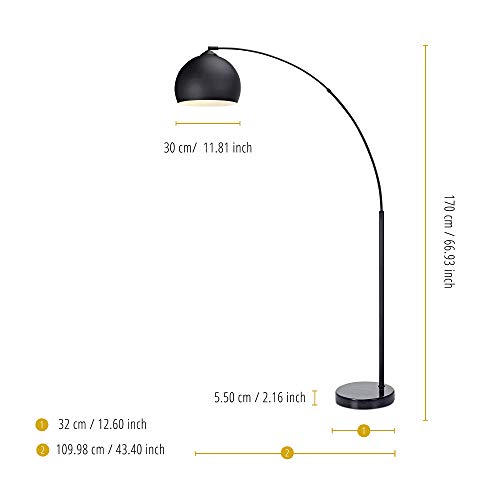 Teamson Home Standing Floor Lamp for Living Room, Arquer 170cm Tall Lamp, Bedroom Lighting, Living Room Accessories with Faux Black Marble Base and Black Bell Shade