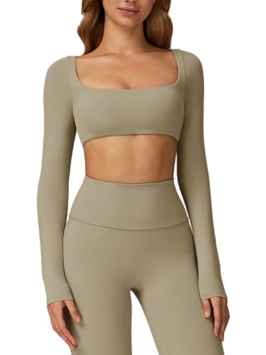 Image of ABOCIW Women Square Neck Long Sleeve Workout Crop Top Low Medium Impact Athletic Yoga Gym Shirts with Built in Bra(ONLY TOP)