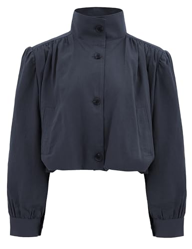 Fiona Jolin Women Linen Bomber Jackets Casual Long Sleeve Pleated Streetwear Coat Fall Trendy Jacket Outwear with Pockets