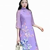 Vietnamese Traditional Ao Dai, High Collar, Silk Fabric, Embroidery, Ao Dai Set Includes Ao Dai and Pant (Purple, XL)