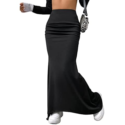 GORGLITTER Women's High Waist Ruched Mermaid Bodycon Maxi Skirt Pencil Long Skirts Black S Cover