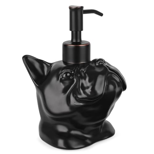 NEWHENGS French Bulldog Shaped Soap/Lotion/Hand Sanitizer Bulldog Ceramic Stainless Steel Pump Dispenser Gifts for Lover, Refillable for Kitchen and Bathroom(Black)