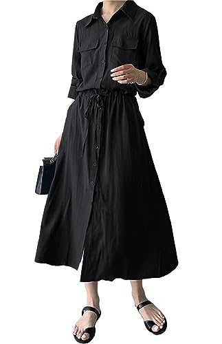 Image of Women Roll-Up Long Sleeve Button Down Shirt Midi Dress