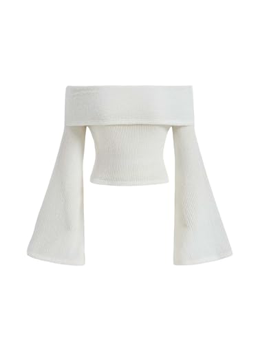 Verdusa Women's Off The Shoulder Sweater Bell Long Sleeve Slim Fitted Crop Tee Top