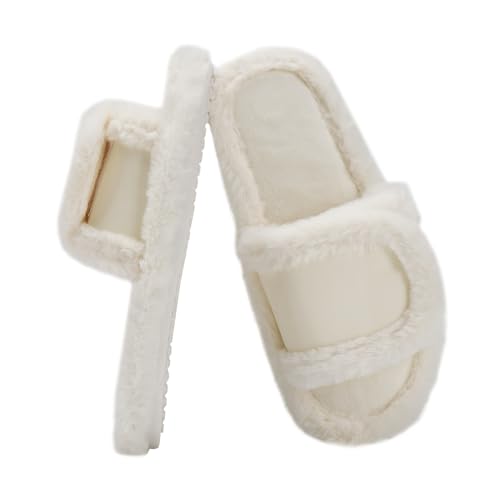 Fashion Soft Open Toed Slippers for Women Adjustable Straps Imitation Rabbit Fur Cozy Lining House Shoes