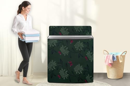 Image of The Furnishing Tree Semi-Automatic Top Load Washing Machine Cover | Waterproof & Dustproof | Easy to Clean | Durable & Washable, Floral Butterfly Print Polyester (56x93x107 CM)