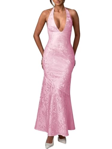 FreeBeauty Halter Satin Prom Dresses for Women Long Mermaid Floral Jacquard Formal Evening Party Dresses