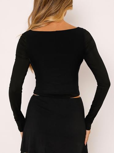 CSDAJIO Women's Sexy Draped Cowl Neck Long Sleeve Cut Out T Shirt Low Cut Fitted Top Ruched Going Out Shirts2