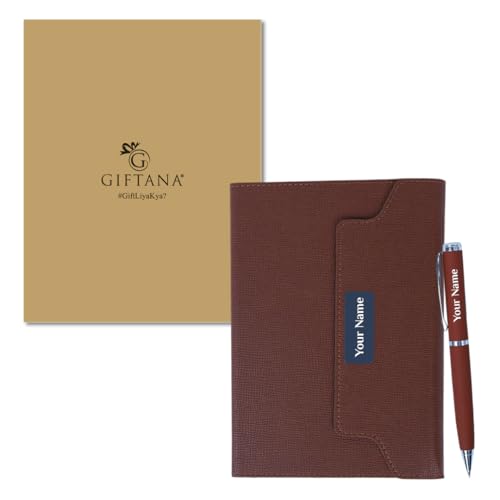 Image of Giftana Personalized Diary with Pen Gift Set for Men and Women, 2 in 1 Customized Leather Texture Folding Diaries Set for Husband, Father, Diwali Gifts, Personalised New Year Gifts for Employee- Brown