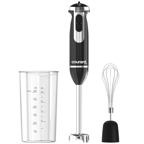 Courant Immersion Hand Blender with Stainless Steel Shaft, Variable Speed Control, Whisk Attachment, and 20 oz Measuring Cup