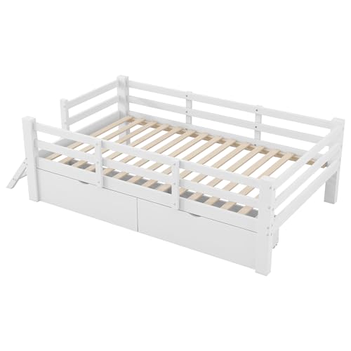 Cama con plataforma infantil de madera blanca con barandilla para un cuarto ordenado 8