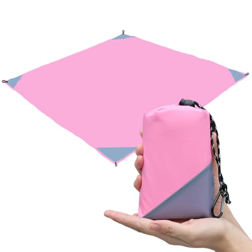 OrgaNeat Pocket Picnic Blanket Beach Mat Waterproof Sandproof Compact Lightweight Small Tarp for Camping Hiking Backpacking Festival Travel Foldable in Bags (Pink/Grey 55x60)
