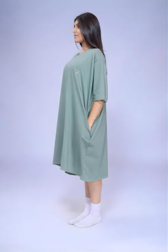 Image of LAMA STORE Women's Printed Oversized T-Shirt Dress, Cotton, 3 /4 Sleeve Length, Casual Loose Fit, Comfort Wear Extra Comfy Oversized Printed Pocket T-Shirt Dress