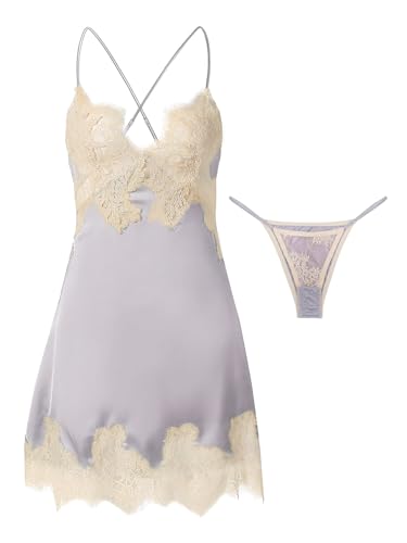 Image of Lilosy Sexy Silk Lace Up Backless Satin Applique Floral Lace Babydoll Lingerie Dress with Tong 2 Piece