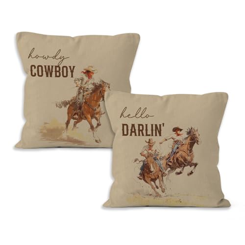 VRW Vintage Western Throw Pillow Covers 18x18, Funny Western Couple Retro Country Howdy Rodeo Decorative Pillow Covers for Home Bedroom, Couple Gifts Accent Pillows Cover Pillowcases Set of 2