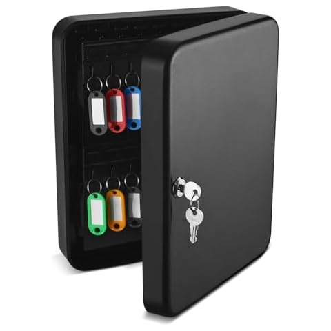 Flexzion Key Cabinet Key Lock Box Wall Mount with 60 Key Holder Organizer Locker Case, Colored Key Tags & Hooks Wall Mounted Lock Box for Keys Storage, Homes, Property, Hotels, Business (Black) Cover