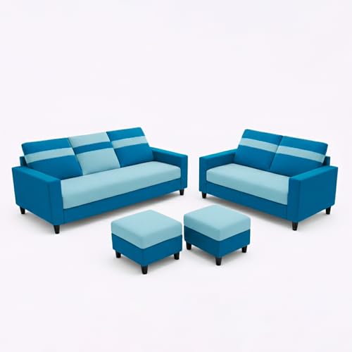 Image of Heaven Dual Tone Plush Velvet 3 Seater + 2 Seater Sofa Set with 2 Ottoman | Silken Velvet Suede Upholstery | Designer Sofa for Living Room & Office Spaces (Sky Blue & Aqua Blue)