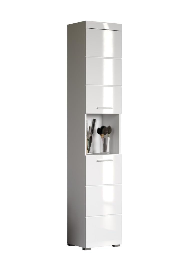 trendteam smart living - Amanda - Hochschrank - Weiß Hochglanz - Badezimmerschrank mit 2 verstellbaren Einlegeböden - (BxHxT) 37 x 190 x 31 cm - moderner Badschrank mit 4 Fächern und Einer Ablage