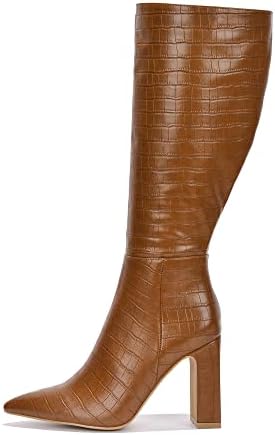 Cape Robbin SayWhat-2 Sexy Mid Calf Chunky Heeled Booties for Women, Pointed Toe Knee High Block Heel Boots - Brown Size 8.5