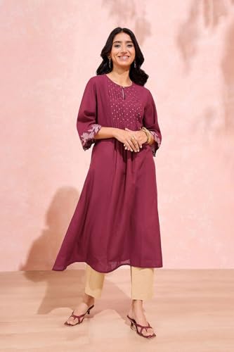 Image of Taneira Women Cotton Embroidered Dark Pink Kurta for Women (KUAM66DPM-Dark Pink-M)