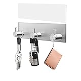 VIS'V Key Holder Wall Mount, Small Metal Self Adhesive Key Hanger with 3 Hooks, No Drilling, Extra Adhesive Strip, Silver
