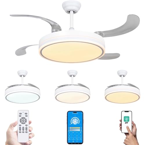 Ventilador de techo con luz LED 72W Blanco en 3 Temperaturas de Luz con Mando a Distancia -Motor DC Eficiente y Silencioso, 3 tonalidades, aspas desplegables retráctiles, 6 velocidades, control remoto