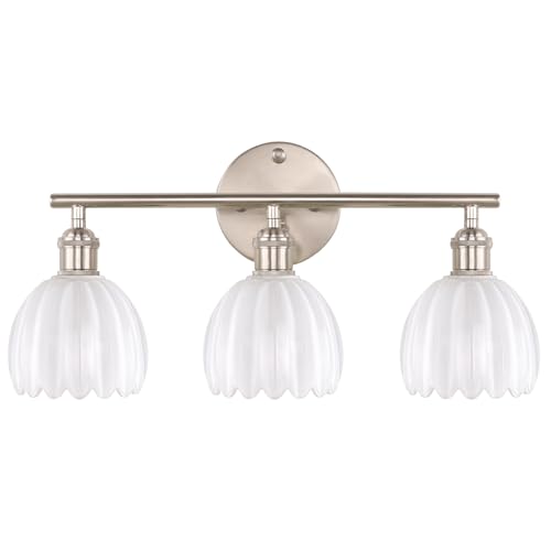 Shenmoyl Bathroom Light Fixtures, 3-Light Vanity Wall Light Over Mirror with White Tulip Glass Shade for Bedroom Living Room (Bulb Not Included), Satin Nickel