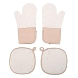 Yosoo Health Gear Kitchen Oven Mitts Oven Gloves Cooking Mitts and Pot Holders Set with 2 Potholders and 2 Gloves Heat Resistants to 500F Long 13.19 Inches Anti Slip Silicone Ribbed (Beige)