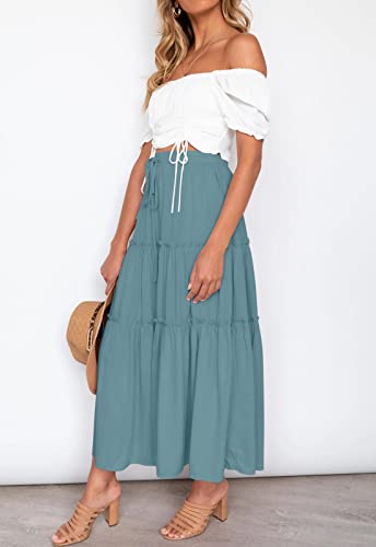 Haeof HA32011SKIRT1-DUSTYBLUE-L Women'S Boho Elastic High Waist A Line Ruffle Swing Beach Maxi Skirt thumb #3