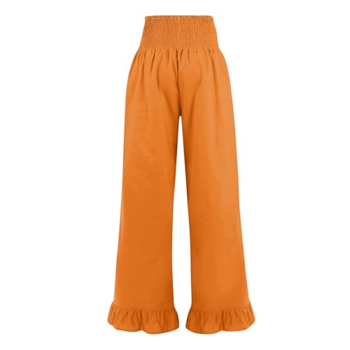 Image of Palazzo Pants for Women Linen Smocked Elastic Waist Ruffle Wide Leg Pants Summer Beach Flowy Boho Pant with Pockets
