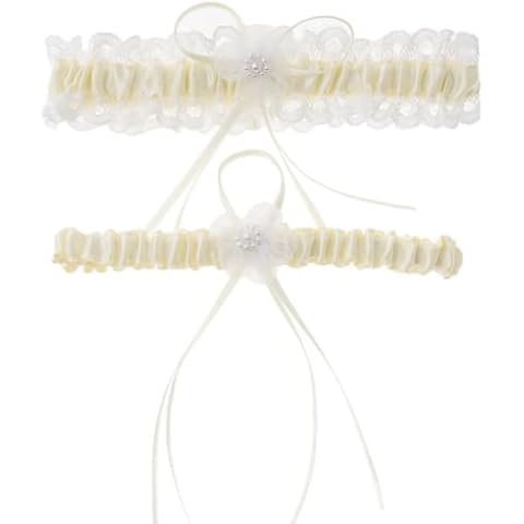 Crazy Bean 2pcs Bridal Garter Set Lace Flower Bow Pearl Garter Wedding Garter Elastic Thigh Garter Something Blue for Wedding, Yellow Cover