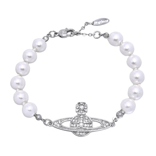 Saturn Pearl Bracelet for Women, White Pearl Zirconia Elegant Saturn Pendant Jewelry Adjustable Chain Gift for Mother Wife Daughter, Birthday Anniversary Present