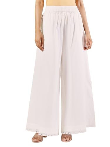 Image of FIORRA Women's White Cotton Solid Palazzo with Lace