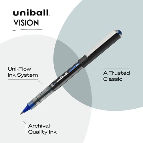 Image of Uniball Vision Rollerball Pen - 12 Pack, Blue Pens, 0.5mm Micro Tip Size - Smooth Writing Japanese Pens, School Supplies