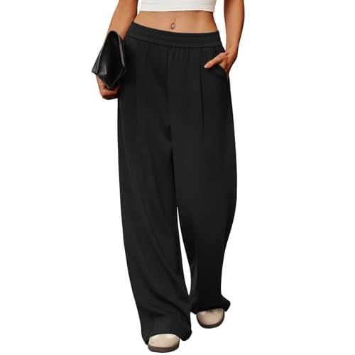 LOMON Womens Wide Leg Pants Travel Casual Lounge High Waist Flowy Palazzo Pants with Pocket Loose Spring Summer Clothing Black Small