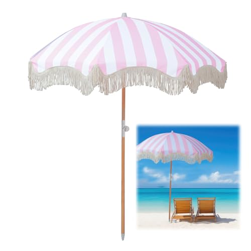 Zhixubah Sombrilla De Playa Grande Antiviento 2m Rosa Sombrillas Terraza Parasol De Jardín Anti UV Parasol Terraza De Jardín Sombrilla Jardin Exterior Con Borlas Para Piscina Balcón Y Césped
