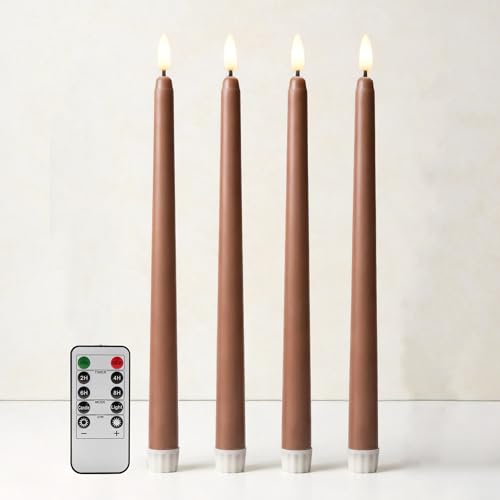 Image of Brown Flameless Taper Candles with Remote, Flickering Battery LED Candlesticks Fall Decor Set of 4