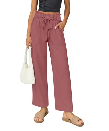Women's Palazzo Pants Wide Leg High Waisted with Pockets Casual Lightweight Trousers Elastic Waist Summer Beach