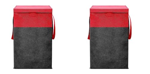 Image of 75L Non Woven Printed Rectangular Foldable Laundry Bag | Clothes Storage Organiser With Lid And Side Handle | Utility Basket For Bedroom Hostel Space Saving Design | Red & Black