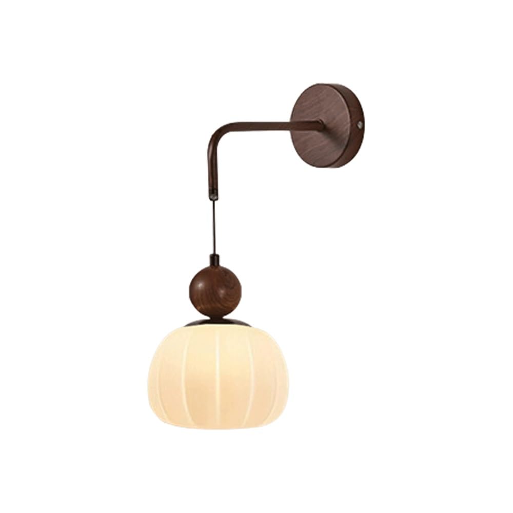 Modern Nordic Minimalist Wall Sconce, Walnut Wood Grain Finish Iron, Frosted PE Ribbed Globe Shade, Ambient Decorative for Bedroom, Living Room, Study, Bedside, Hallway, Entryway.(28cm/11.02in)