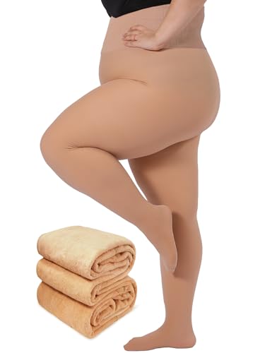 Image of Plus Size Fleece Lined Tights Women, Control Top Thermal Tights for Women, Fake Translucent Winter Warm Tights