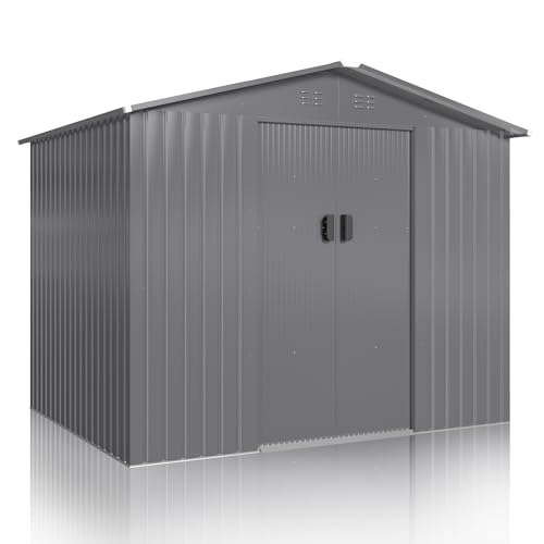 Image of DAUSOLA 8x6 FT Outdoor Storage Shed, Metal Garden Tool Shed with Updated Frame Structure and Lockable Doors, Ideal for Backyard Garden Patio Lawn, Grey