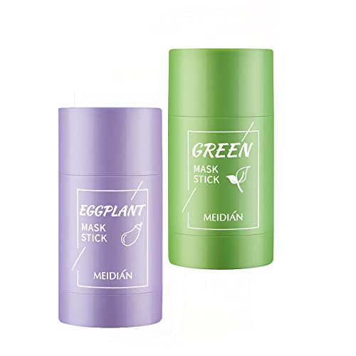AAVBO Green Tea Mask Stick, 2 Packs Green Tea Deep Cleanse Mask Stick Natural Green Tea Mask Blackhead Remover for Deep Pore Cleansing, Moisturizing, And Brightening for Unisex(Eggplant + Green Tea)