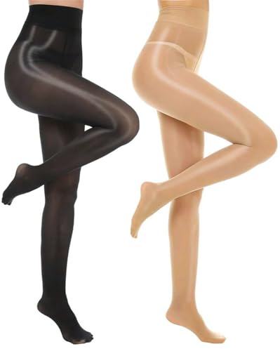 Image of BAOKELAN Women Oily Tights Sheer Shiny Tights Control Top Tight Sexy Silk High Waist Pantyhose Black+Nude XL-XXXL