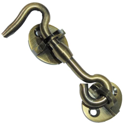 RISEOM Brass Gate Hook and Eye/Window Hook for Double Doors Gates/Windows (Heavy Oval Eye) (Antique-3 inch, Pack of 4)