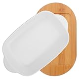 Mipcase Bandeja Rectangular de Cerámica para Horno con Asas Laterales y Base de Madera Molde para Hornear Pastel y Servir Antiadherente Práctica y Fácil de Limpiar para Carnes Verduras y