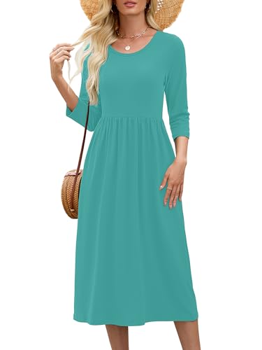 Image of Heymoments Women's Casual 3 /4 Sleeve Midi Dress Crewneck A Line Tiered Flowy Loose Travel Long Dresses with Pockets
